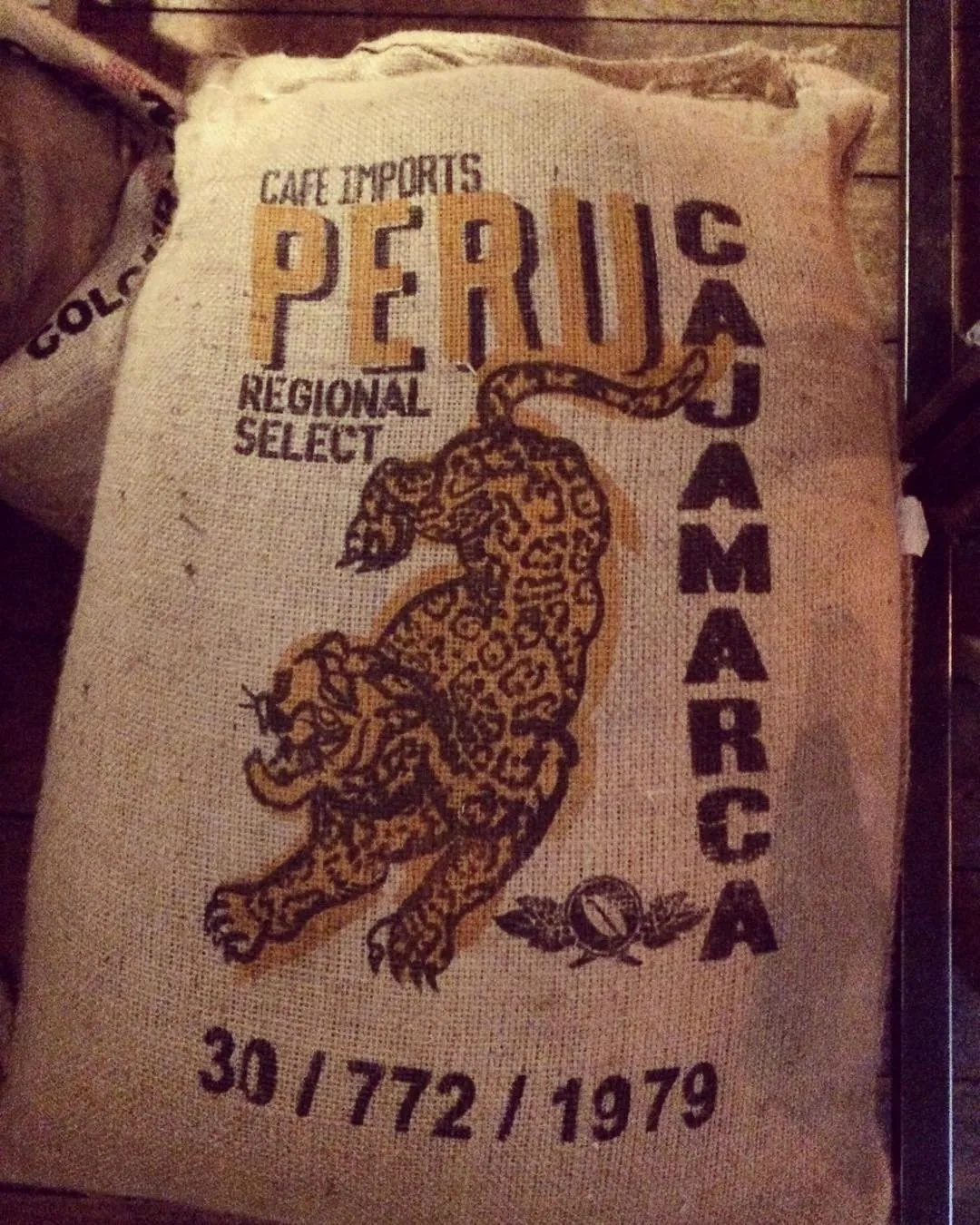 A sack of green coffee from Cajamarca, Peru