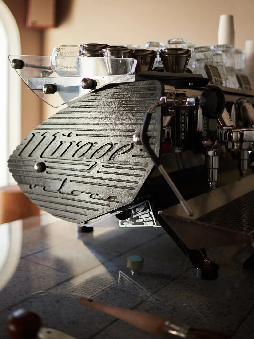 The Mirage espresso machine on the terrazzo bar at 821 Traction Ave